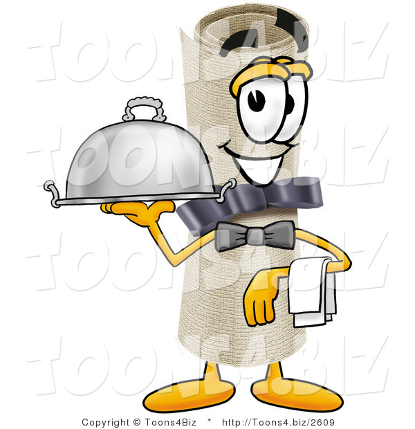 Illustration of a Cartoon Diploma Mascot Dressed As a Waiter and Holding a Serving Platter