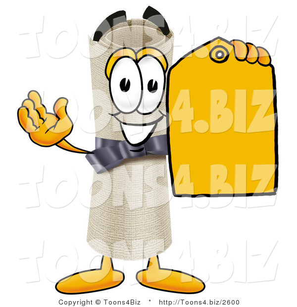 Illustration of a Cartoon Diploma Mascot Holding a Yellow Sales Price Tag