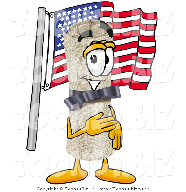 Illustration of a Cartoon Diploma Mascot Pledging Allegiance to an American Flag