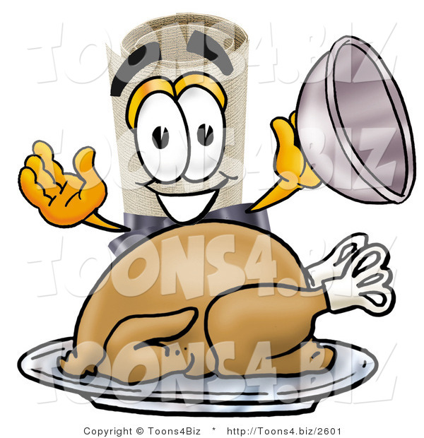 Illustration of a Cartoon Diploma Mascot Serving a Thanksgiving Turkey on a Platter