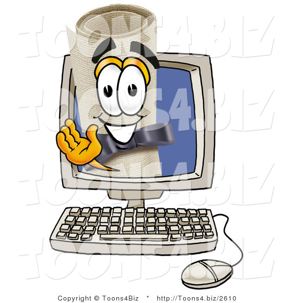 Illustration of a Cartoon Diploma Mascot Waving from Inside a Computer Screen