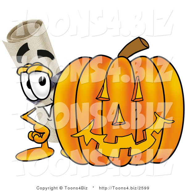Illustration of a Cartoon Diploma Mascot with a Carved Halloween Pumpkin