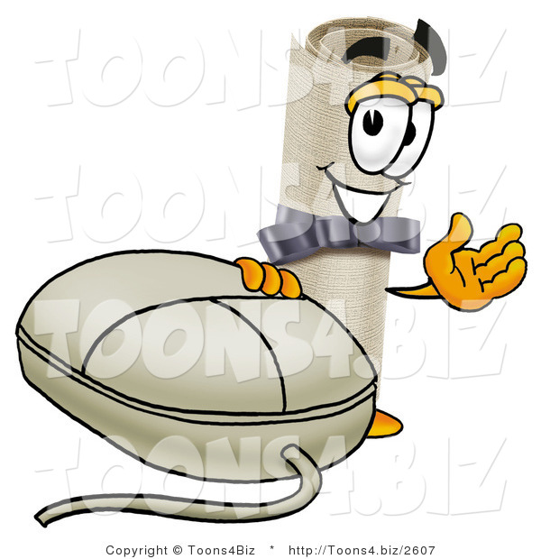 Illustration of a Cartoon Diploma Mascot with a Computer Mouse