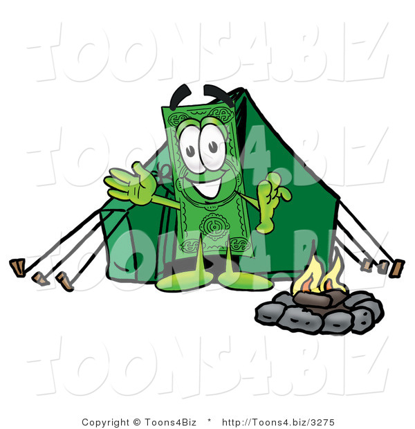 Illustration of a Cartoon Dollar Bill Mascot Camping with a Tent and Fire