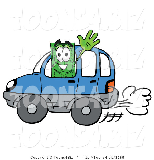 Illustration of a Cartoon Dollar Bill Mascot Driving a Blue Car and Waving