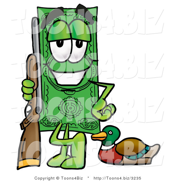 Illustration of a Cartoon Dollar Bill Mascot Duck Hunting, Standing with a Rifle and Duck