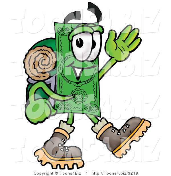 Illustration of a Cartoon Dollar Bill Mascot Hiking and Carrying a Backpack