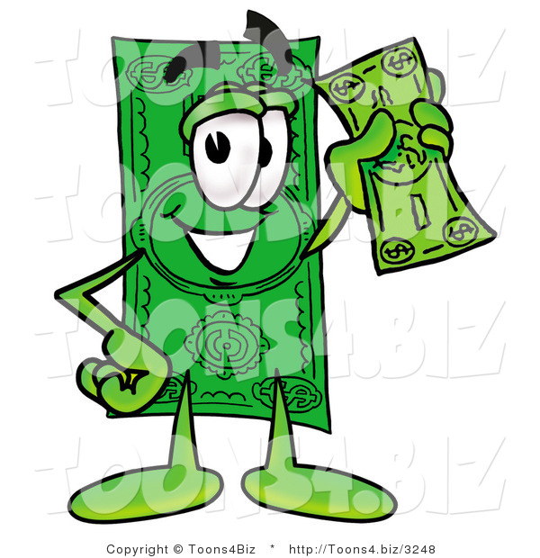 Illustration of a Cartoon Dollar Bill Mascot Holding a Dollar Bill