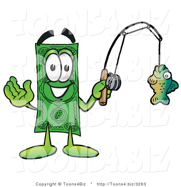 Illustration of a Cartoon Dollar Bill Mascot Holding a Fish on a Fishing Pole