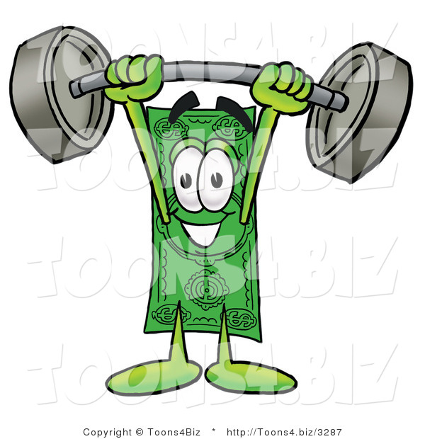 Illustration of a Cartoon Dollar Bill Mascot Holding a Heavy Barbell Above His Head