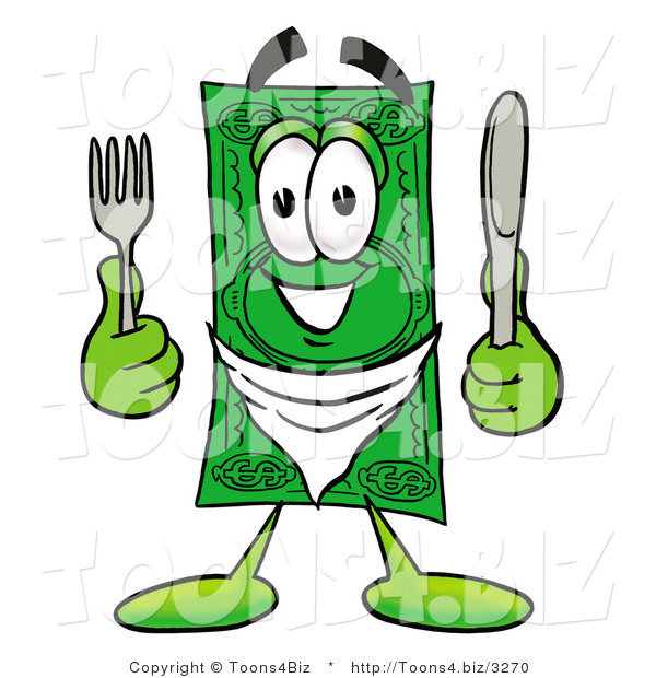 Illustration of a Cartoon Dollar Bill Mascot Holding a Knife and Fork