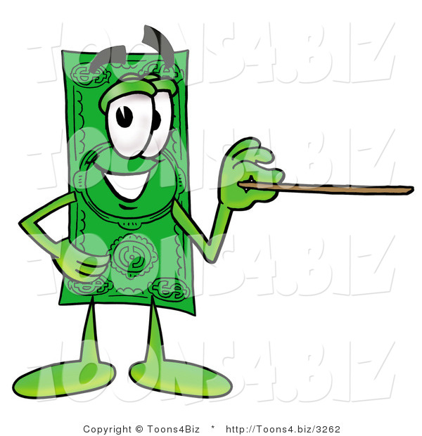 Illustration of a Cartoon Dollar Bill Mascot Holding a Pointer Stick