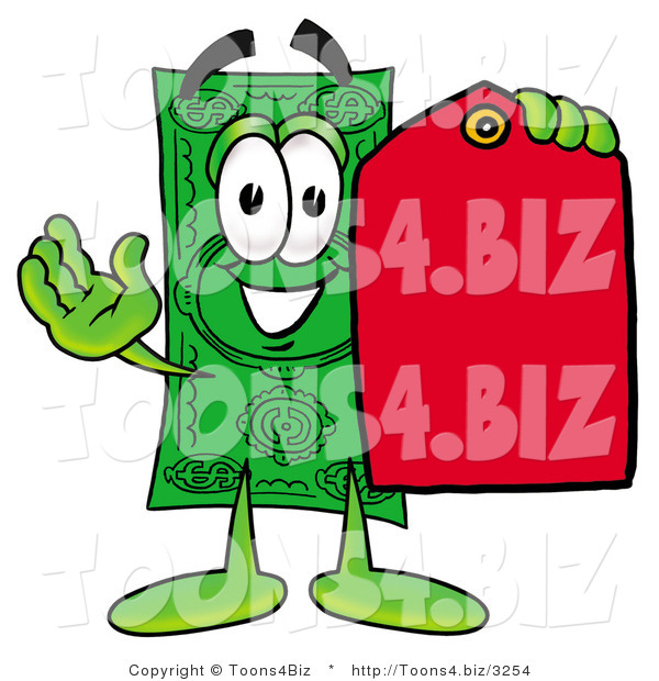 Illustration of a Cartoon Dollar Bill Mascot Holding a Red Sales Price Tag