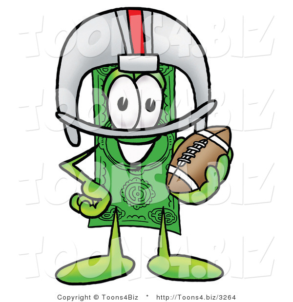 Illustration of a Cartoon Dollar Bill Mascot in a Helmet, Holding a Football