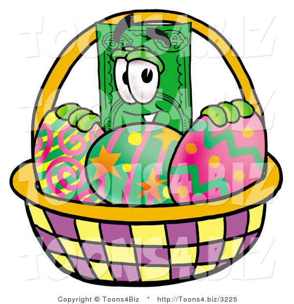 Illustration of a Cartoon Dollar Bill Mascot in an Easter Basket Full of Decorated Easter Eggs