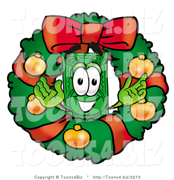 Illustration of a Cartoon Dollar Bill Mascot in the Center of a Christmas Wreath