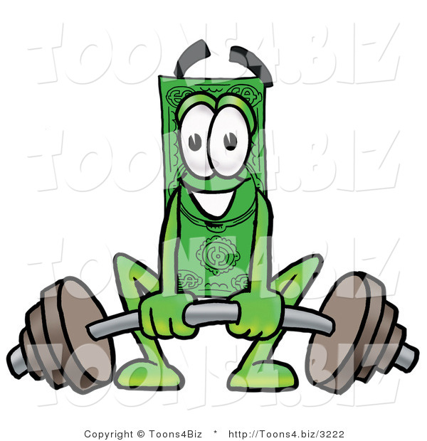 Illustration of a Cartoon Dollar Bill Mascot Lifting a Heavy Barbell