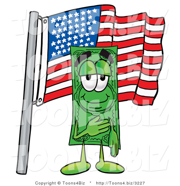 Illustration of a Cartoon Dollar Bill Mascot Pledging Allegiance to an American Flag