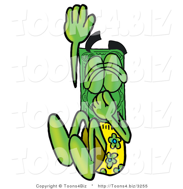 Illustration of a Cartoon Dollar Bill Mascot Plugging His Nose While Jumping into Water
