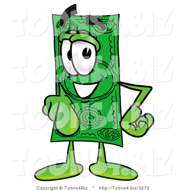 Illustration of a Cartoon Dollar Bill Mascot Pointing at the Viewer