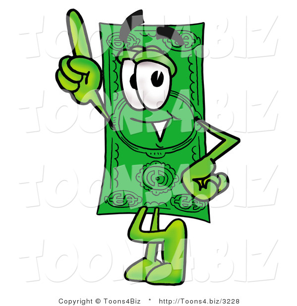Illustration of a Cartoon Dollar Bill Mascot Pointing Upwards