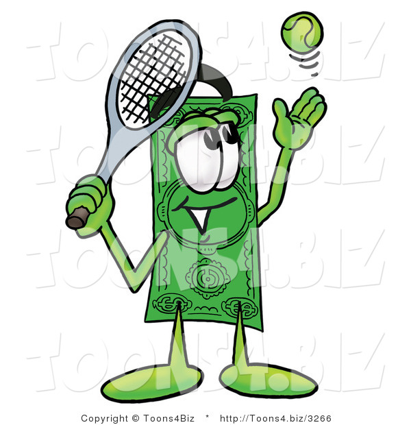 Illustration of a Cartoon Dollar Bill Mascot Preparing to Hit a Tennis Ball