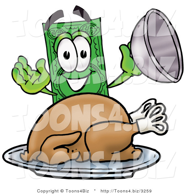 Illustration of a Cartoon Dollar Bill Mascot Serving a Thanksgiving Turkey on a Platter