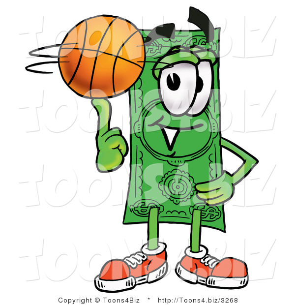 Illustration of a Cartoon Dollar Bill Mascot Spinning a Basketball on His Finger