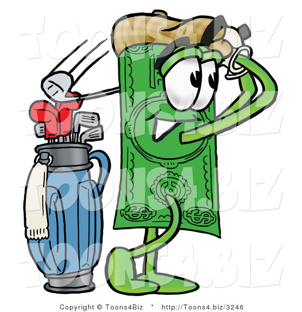 Illustration of a Cartoon Dollar Bill Mascot Swinging His Golf Club While Golfing
