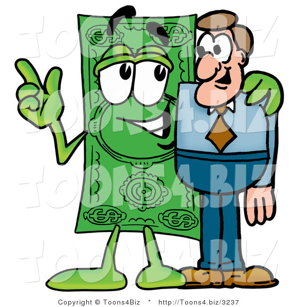 Illustration of a Cartoon Dollar Bill Mascot Talking to a Business Man