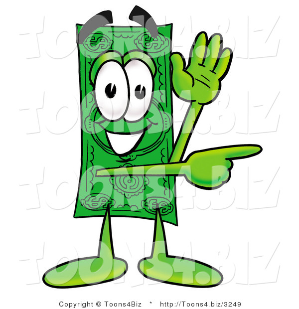 Illustration of a Cartoon Dollar Bill Mascot Waving and Pointing