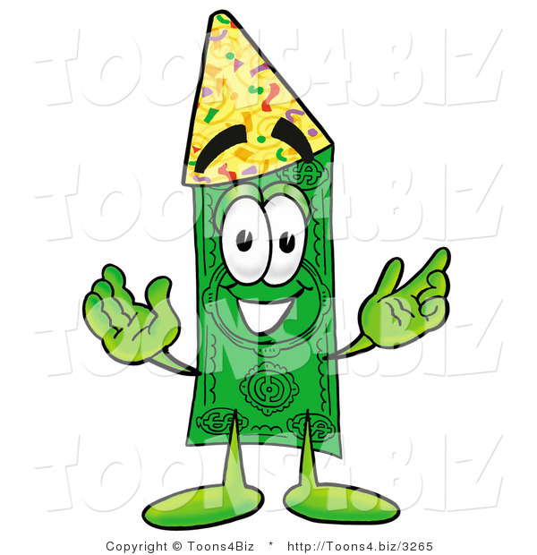 Illustration of a Cartoon Dollar Bill Mascot Wearing a Birthday Party Hat