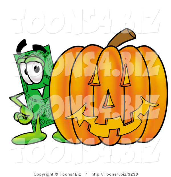 Illustration of a Cartoon Dollar Bill Mascot with a Carved Halloween Pumpkin