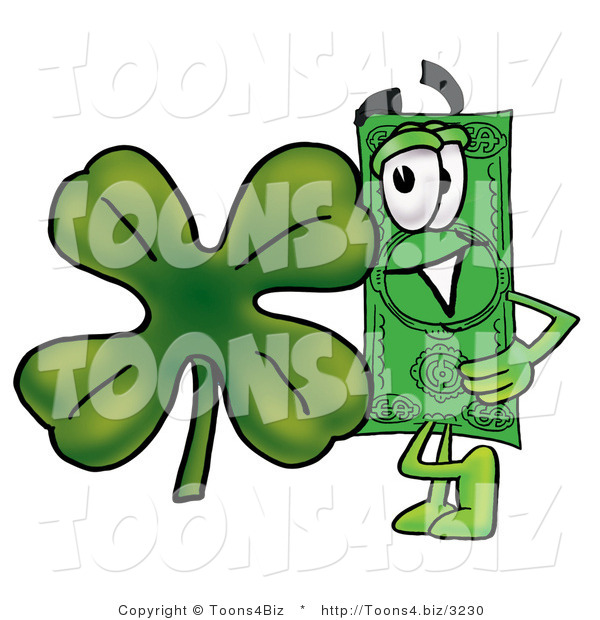 Illustration of a Cartoon Dollar Bill Mascot with a Green Four Leaf Clover on St Paddy's or St Patricks Day