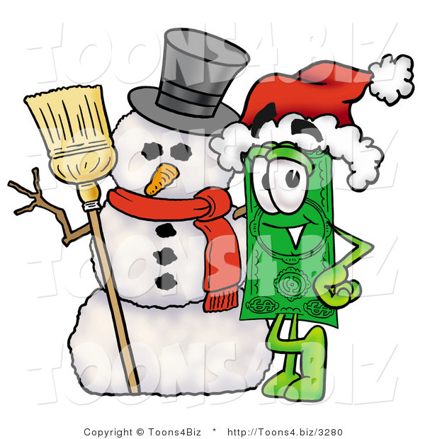 Illustration of a Cartoon Dollar Bill Mascot with a Snowman on Christmas