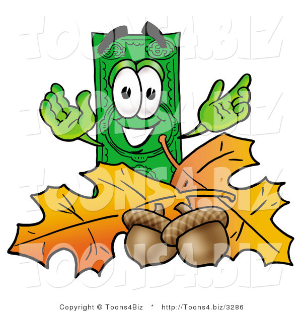 Illustration of a Cartoon Dollar Bill Mascot with Autumn Leaves and Acorns in the Fall