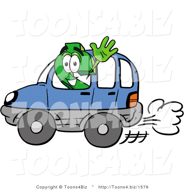 Illustration of a Cartoon Dollar Sign Mascot Driving a Blue Car and Waving