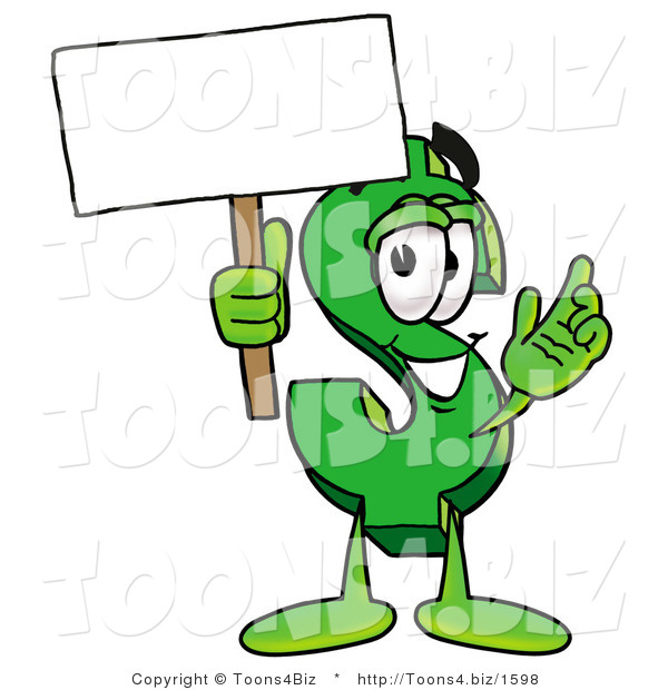 Illustration of a Cartoon Dollar Sign Mascot Holding a Blank Sign