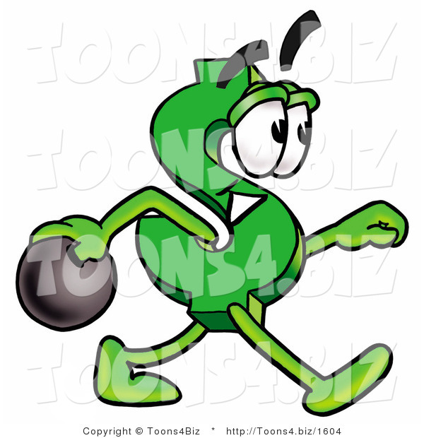 Illustration of a Cartoon Dollar Sign Mascot Holding a Bowling Ball