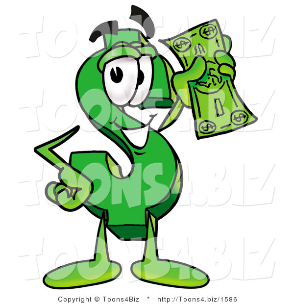 Illustration of a Cartoon Dollar Sign Mascot Holding a Dollar Bill