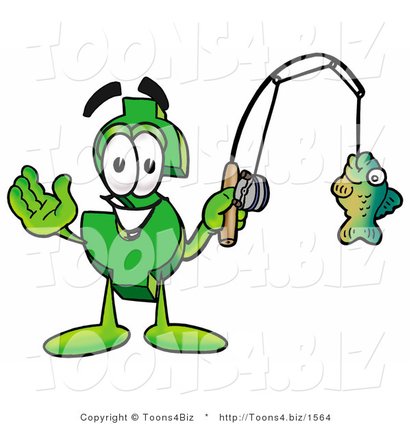 Illustration of a Cartoon Dollar Sign Mascot Holding a Fish on a Fishing Pole
