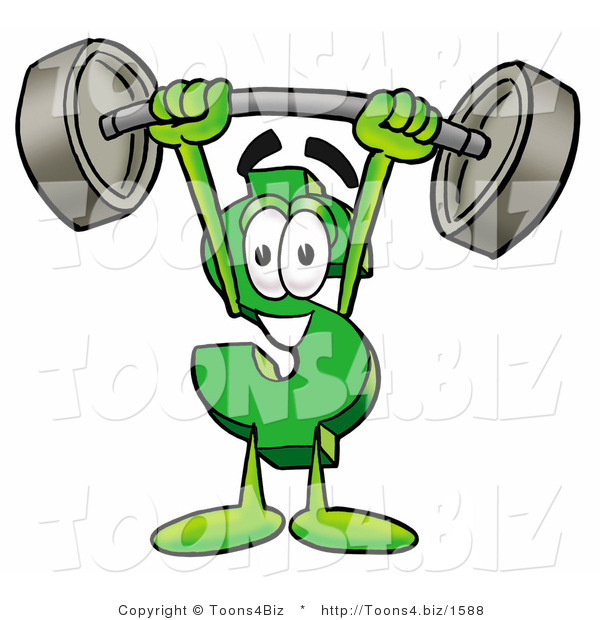 Illustration of a Cartoon Dollar Sign Mascot Holding a Heavy Barbell Above His Head