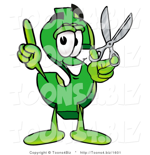 Illustration of a Cartoon Dollar Sign Mascot Holding a Pair of Scissors