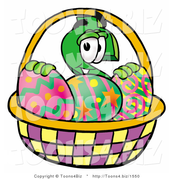 Illustration of a Cartoon Dollar Sign Mascot in an Easter Basket Full of Decorated Easter Eggs