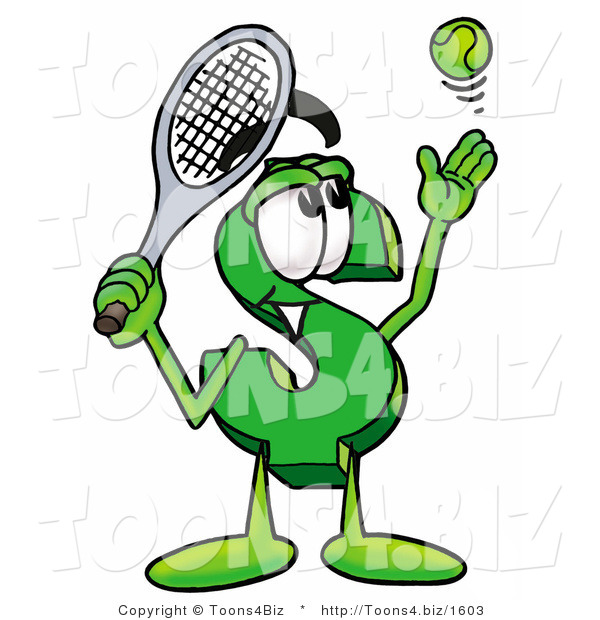 Illustration of a Cartoon Dollar Sign Mascot Preparing to Hit a Tennis Ball