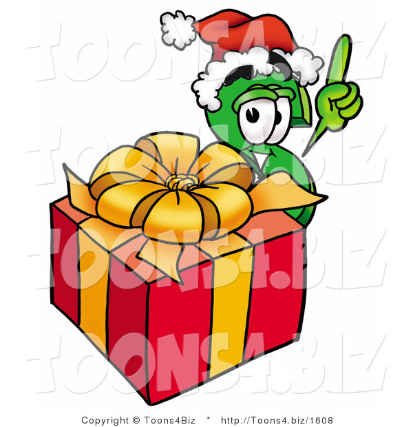 Illustration of a Cartoon Dollar Sign Mascot Standing by a Christmas Present