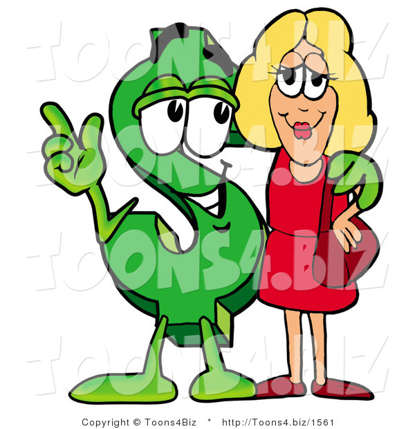 Illustration of a Cartoon Dollar Sign Mascot Talking to a Pretty Blond Woman