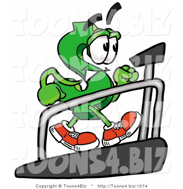 Illustration of a Cartoon Dollar Sign Mascot Walking on a Treadmill in a Fitness Gym