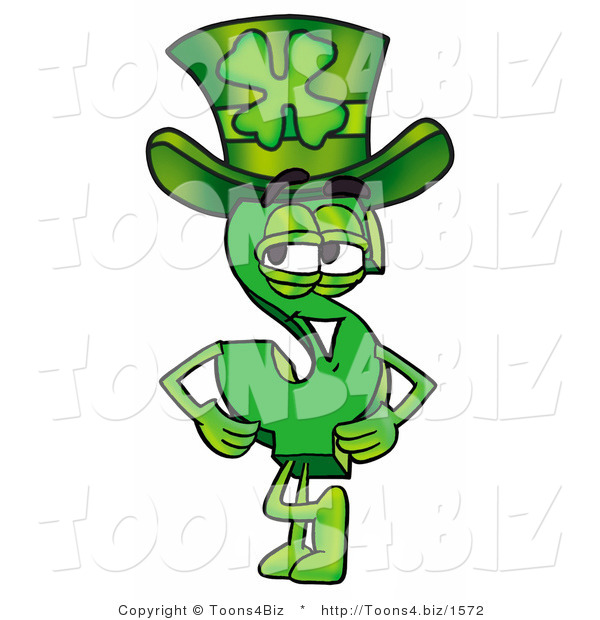 Illustration of a Cartoon Dollar Sign Mascot Wearing a Saint Patricks Day Hat with a Clover on It