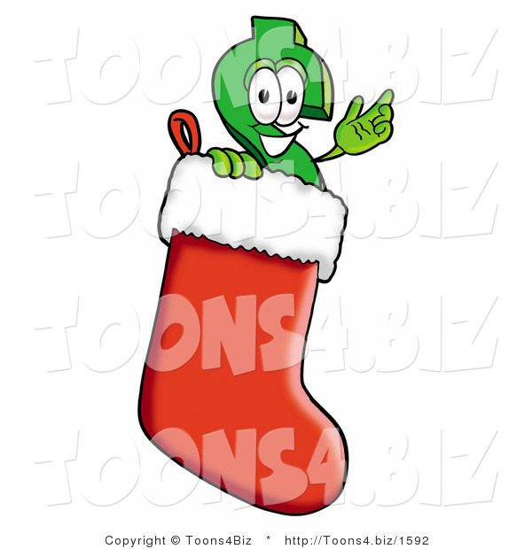 Illustration of a Cartoon Dollar Sign Mascot Wearing a Santa Hat Inside a Red Christmas Stocking